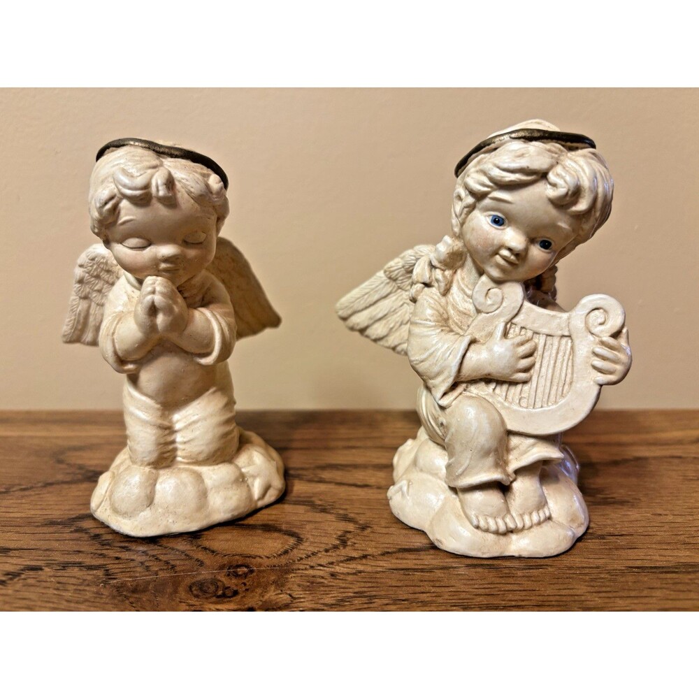 Sealmark Cherub Angel Figurines Pottery Harp Praying Lot of 2 Vtg 1985 Boy Girl